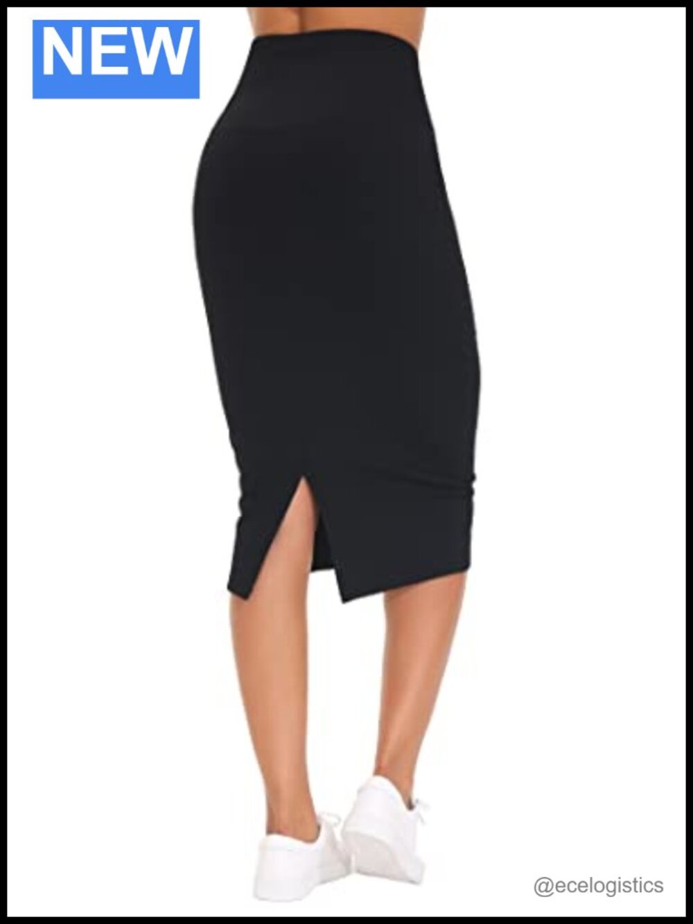 High Waist Pencil Bodycon Midi Skirt with Back Split and Hidden Pocket